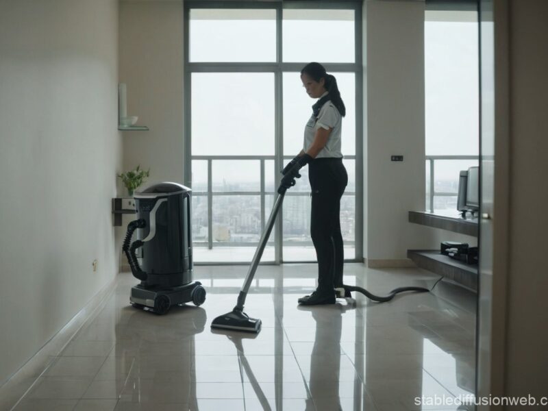 A professional housekeeper using AI-powered tools in a modern apartment