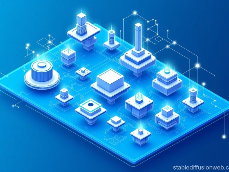A conceptual illustration of AI designing physical products like circuit boards and enclosures using generative algorithms.
