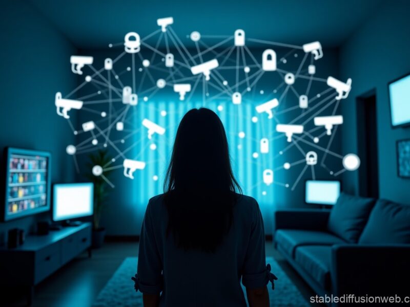 A smart home filled with connected devices (smart speakers, TVs, cameras, wearables) all radiating data streams, with a silhouette of a person surrounded by glowing surveillance icons — futuristic yet unsettling