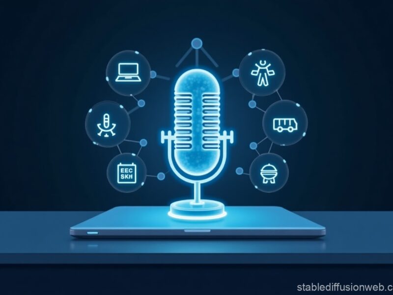A holographic voice assistant interface floating above a desk with icons for smart home, car, education, and business