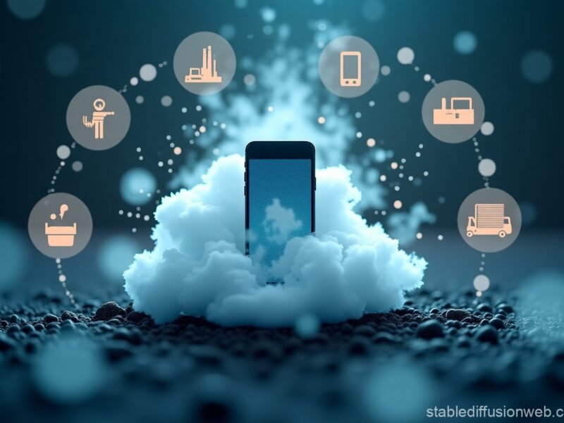 A smartphone surrounded by CO₂ emissions and lifecycle icons: mining, manufacturing, transport, usage, and e-waste