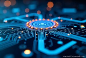 Visual of AI placing components on a circuit board and customizing a digital interface
