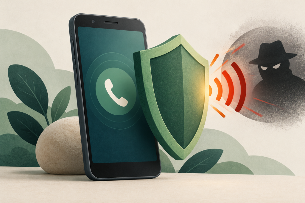 Conceptual illustration of a shield protecting an older smartphone from a suspicious call signal