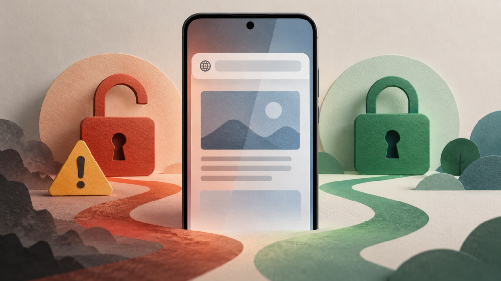 Conceptual illustration of a smartphone browser between an open padlock with a warning and a closed padlock