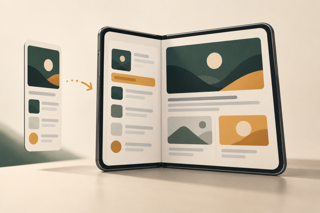 Conceptual illustration of an app expanding into an adaptive layout on a folding smartphone