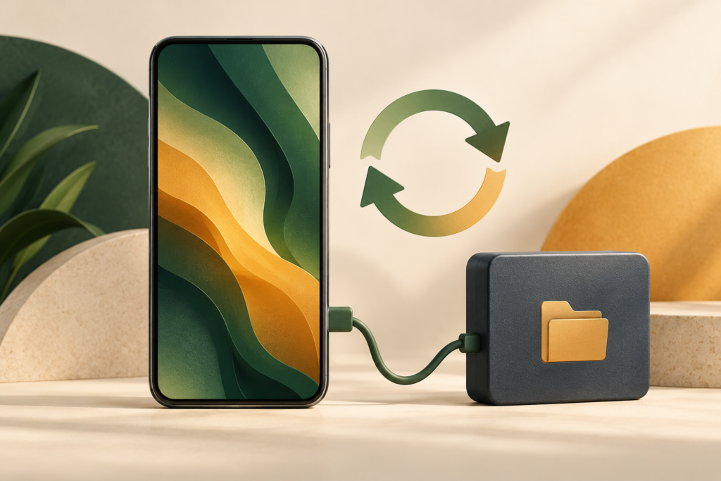 Conceptual illustration of a smartphone software update with a separate backup drive