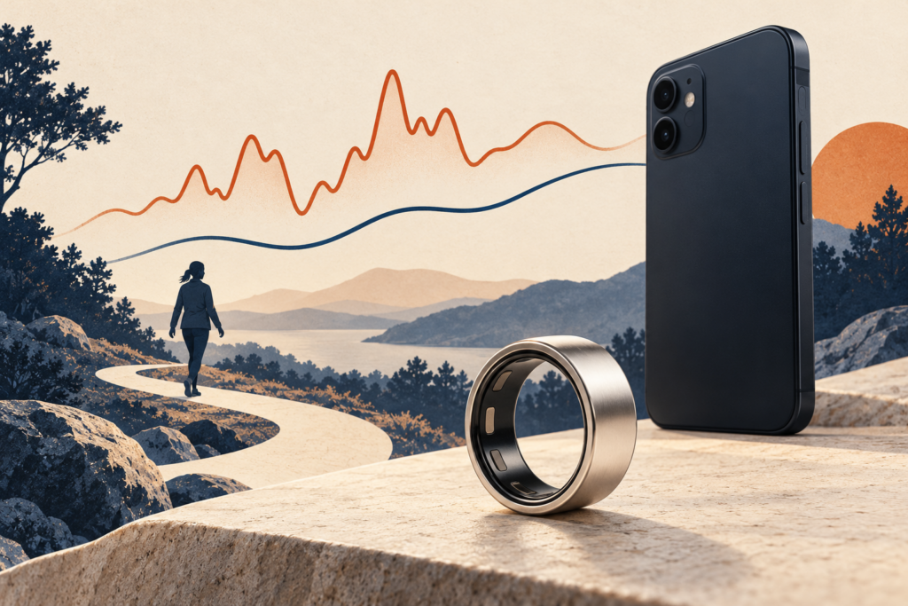 Conceptual illustration of a silver smart ring and smartphone beside a walking trail, with abstract lines representing workout effort and aerobic fitness.