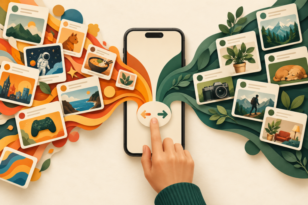 Conceptual illustration of choosing between discovery and followed-community feeds on a smartphone