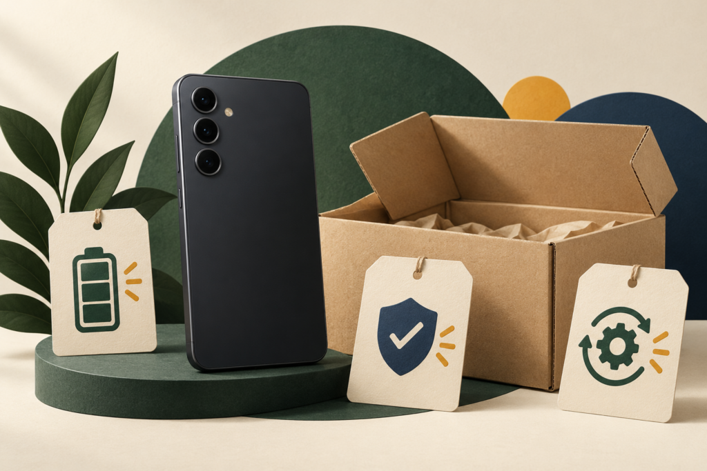 Conceptual illustration of a refurbished smartphone and shipping box, with symbols for a new battery, warranty and software updates.