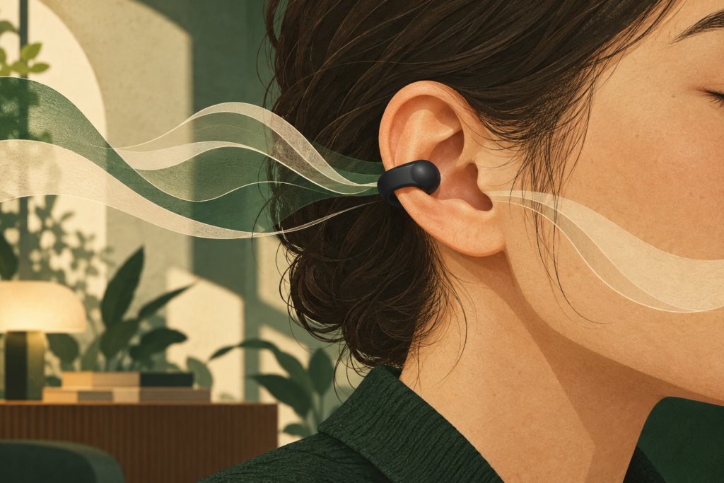 Conceptual illustration of an open-ear clip-on earbud with sound ribbons in a quiet room